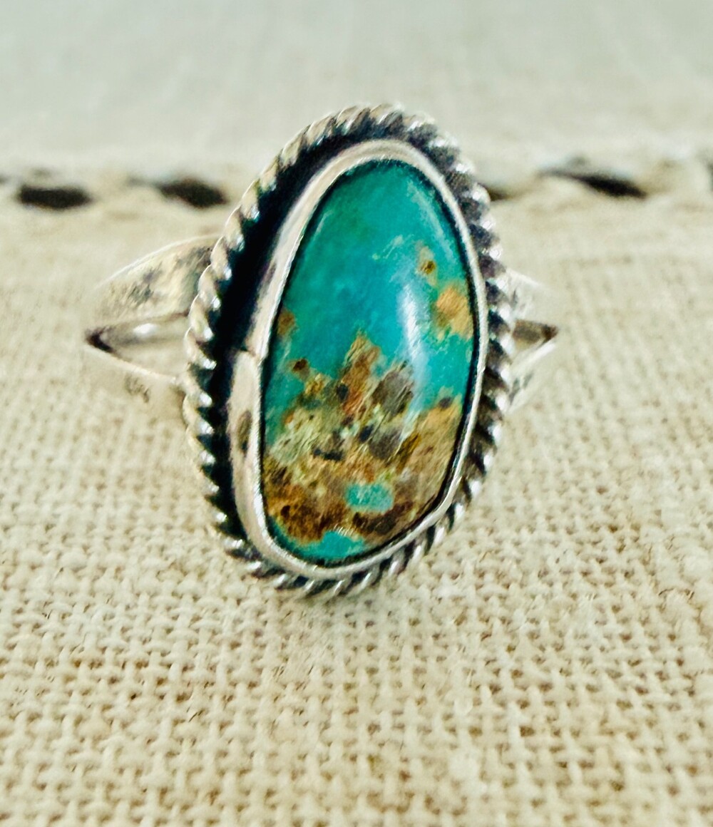Sterling Silver Natural Turquoise Ring Rope Bezel Southwestern Style Size 5.5